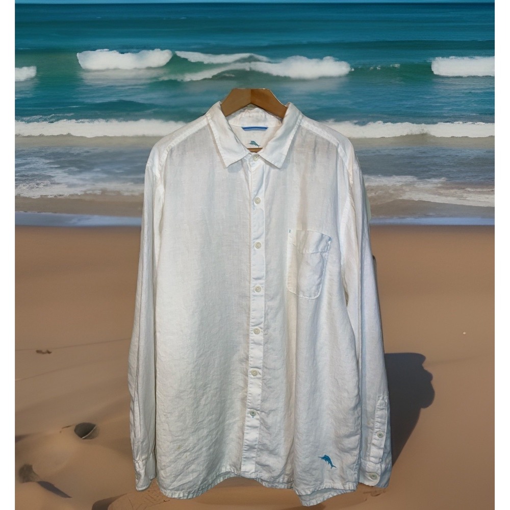 Tommy Bahama 100% Linen Shirt Men 2XL Solid‎ White Beach Island Hawaiian Wedding